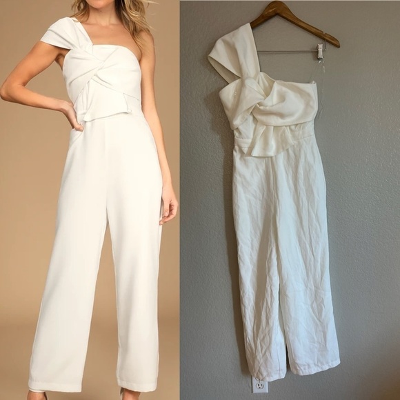 Eternal Vow Ivory One-Shoulder Sleeveless Bow-Front Jumpsuit - Picture 1 of 8